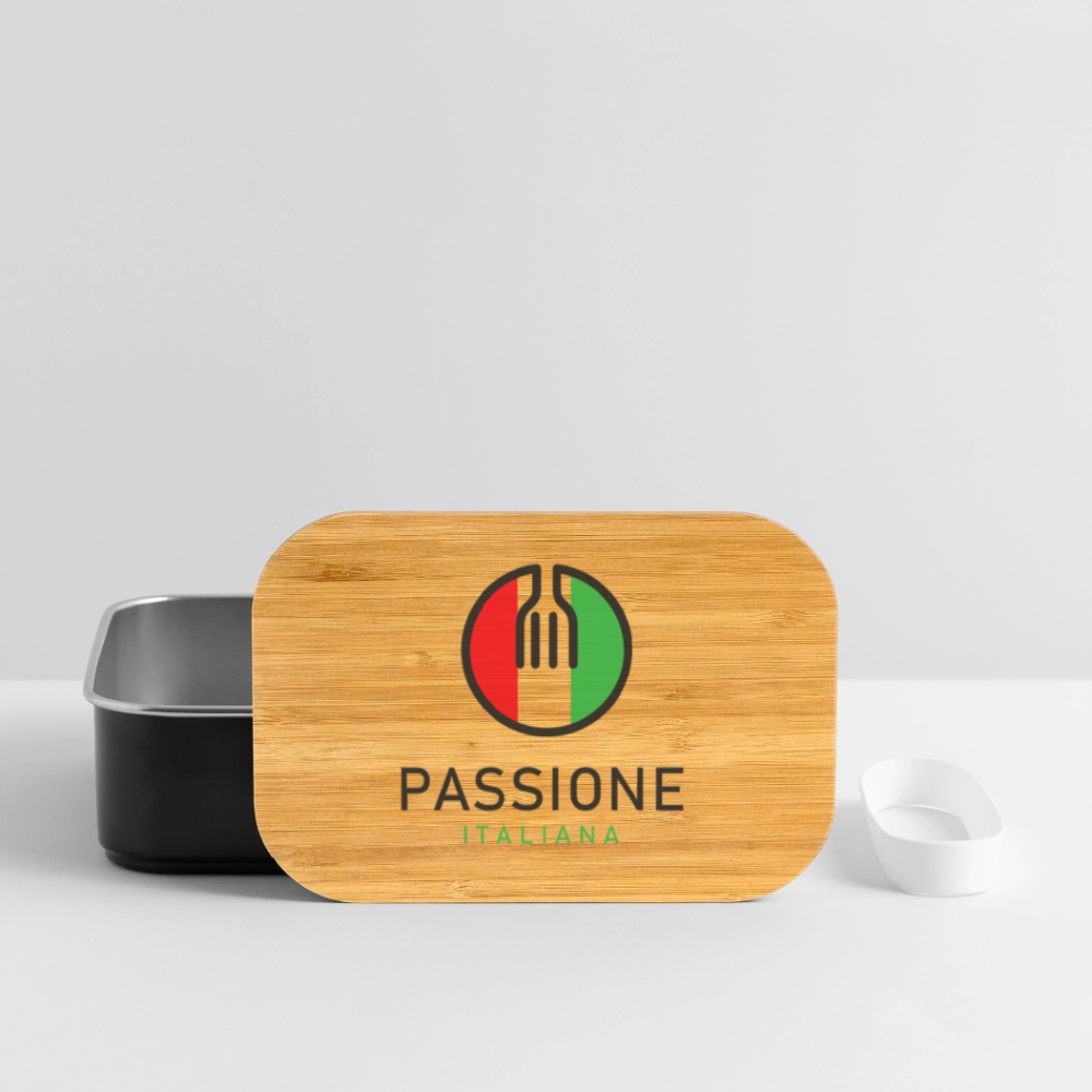 Rechteckige Edelstahl-Dose mit Bambusdeckel, Gabelsymbol im Tricolore-Kreis und „Passione Italiana“-Schriftzug – aromadicht, dekorativ, funktional- Schwarz