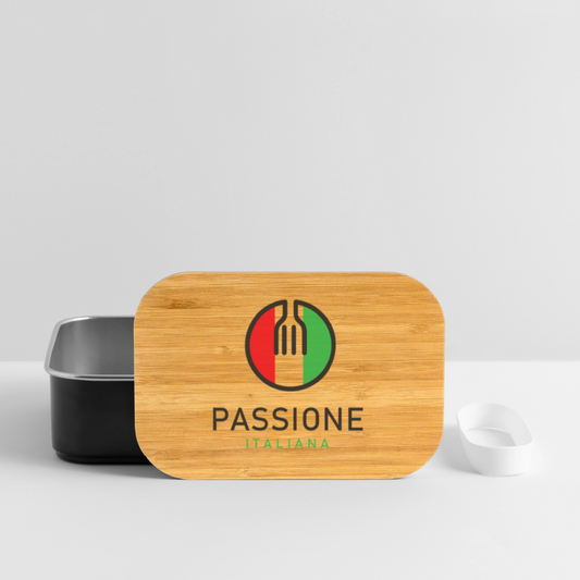 Rechteckige Edelstahl-Dose mit Bambusdeckel, Gabelsymbol im Tricolore-Kreis und „Passione Italiana“-Schriftzug – aromadicht, dekorativ, funktional- Schwarz