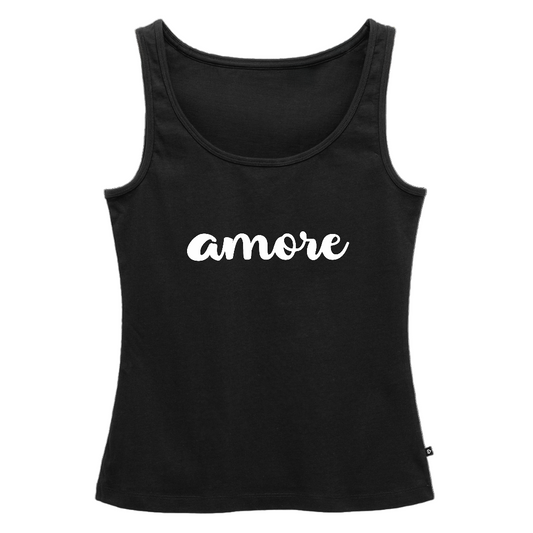 Schwarzes Damen Tank Top mit weißem „amore“-Schriftzug – leicht, nachhaltig und sommerlich


