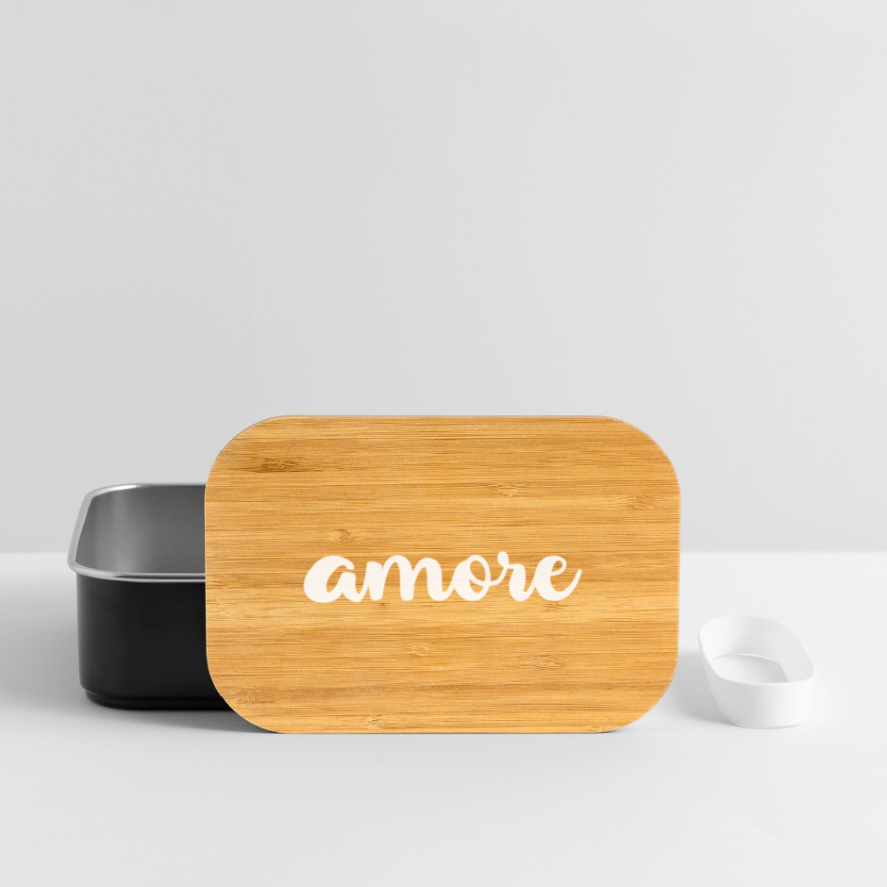Edelstahl-Lunchbox mit Bambusdeckel und weißem Schriftzug „amore“ – kompakt, aromadicht, dekorativ auf Küchenarbeitsplatte - Schwarz