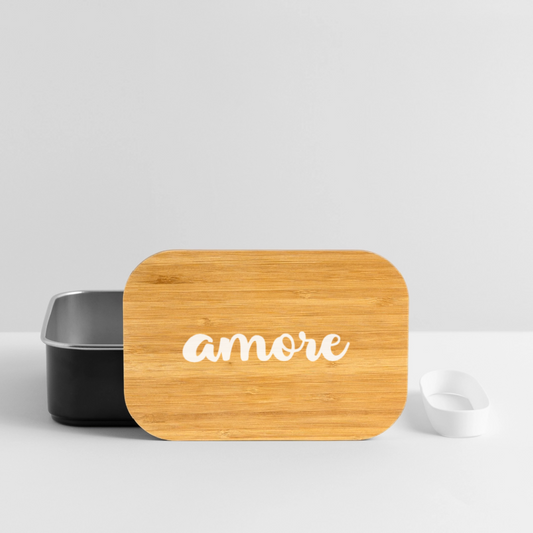 Edelstahl-Lunchbox mit Bambusdeckel und weißem Schriftzug „amore“ – kompakt, aromadicht, dekorativ auf Küchenarbeitsplatte - Schwarz