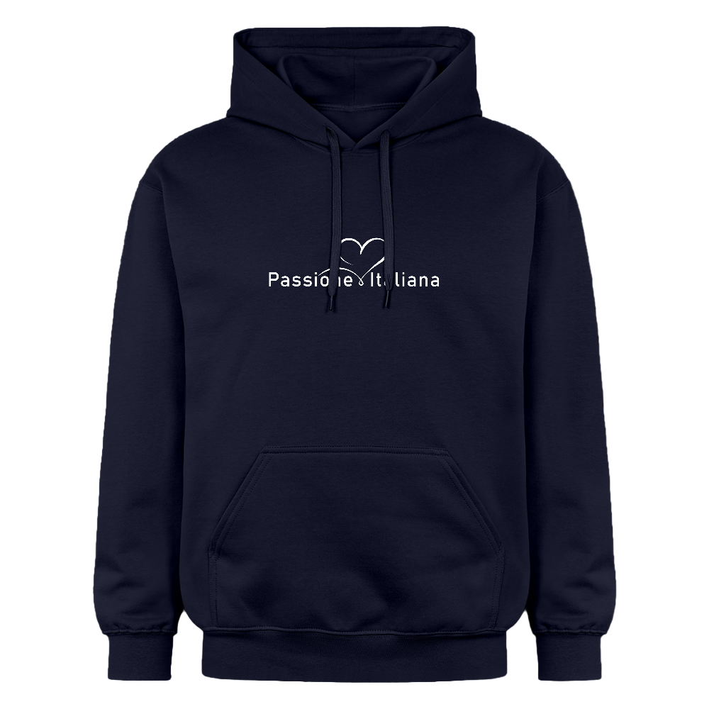 Unisex Hoodie mit weißem „Passione Italiana“-Schriftzug – weich, warm und stilvolle - Navy