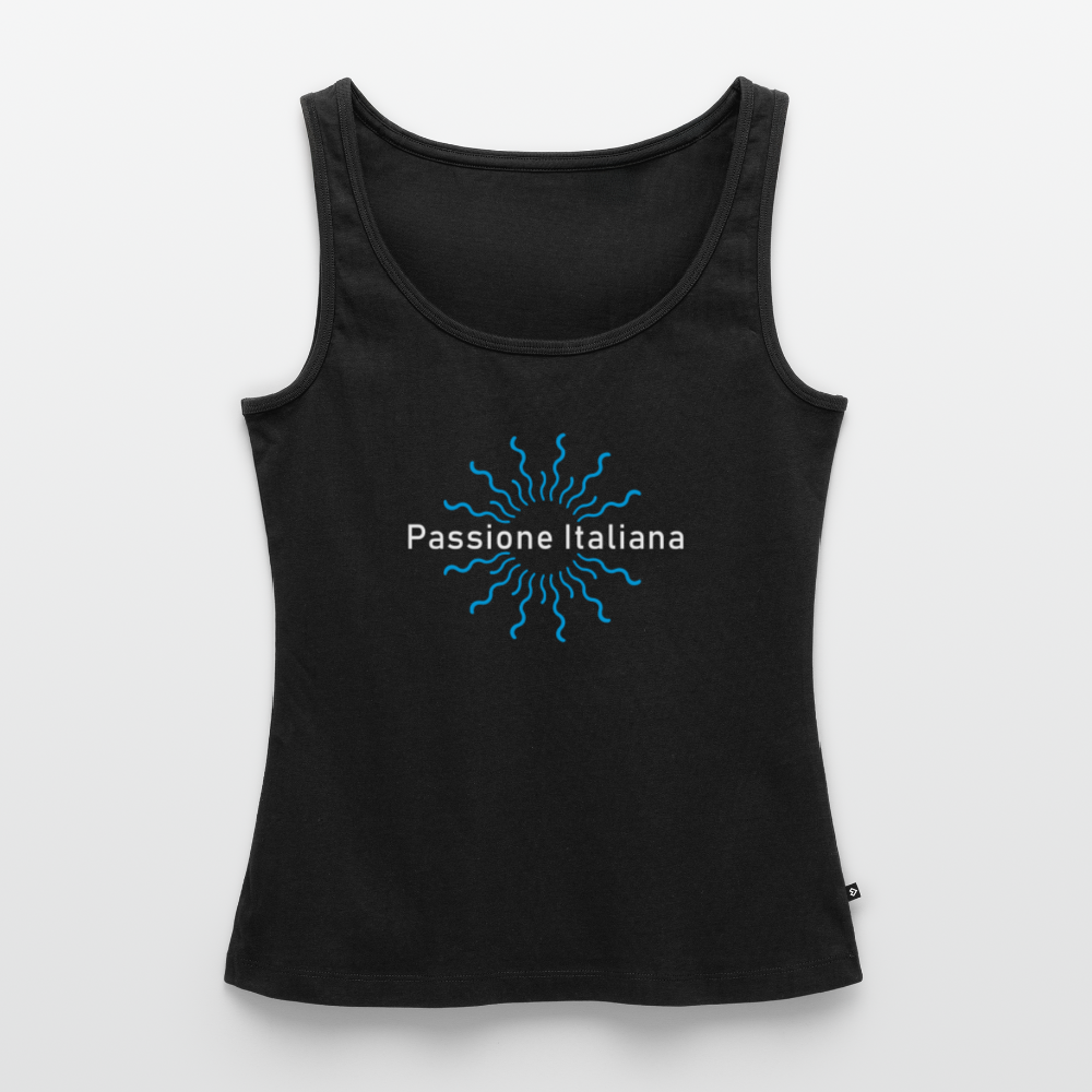 Schwarzes Tanktop mit blauem Sonnenmotiv und weißem „Passione Italiana“-Print auf der Vorderseite