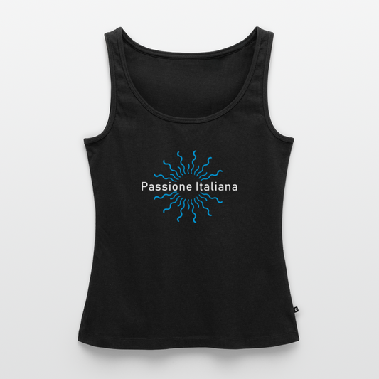 Schwarzes Tanktop mit blauem Sonnenmotiv und weißem „Passione Italiana“-Print auf der Vorderseite