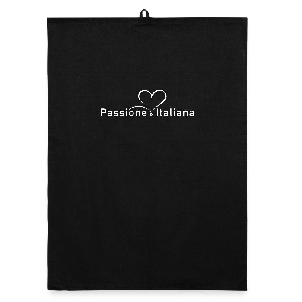 Schwarzes Geschirrtuch mit weißem „Passione Italiana“-Schriftzug und stilisiertem Herzmotiv – dekorativ, nachhaltig, mit Aufhängeschlaufe