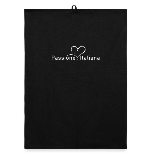 Schwarzes Geschirrtuch mit weißem „Passione Italiana“-Schriftzug und stilisiertem Herzmotiv – dekorativ, nachhaltig, mit Aufhängeschlaufe