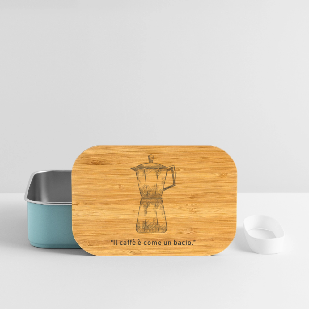 Edelstahl-Dose mit Bambusdeckel, Moka-Skizze und italienischem Spruch „Il caffè è come un bacio“ – kompakt, aromadicht, dekorativ auf Küchenarbeitsplatte - Hellblau