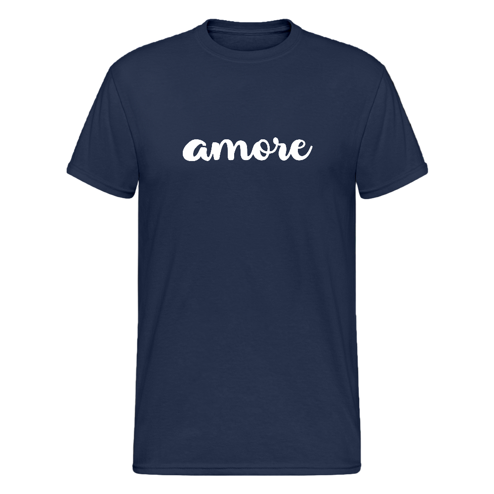 T-Shirt mit weißem „amore“-Schriftzug in eleganter Kursivschrift – minimalistisches Design von Passione Italiana - Navy