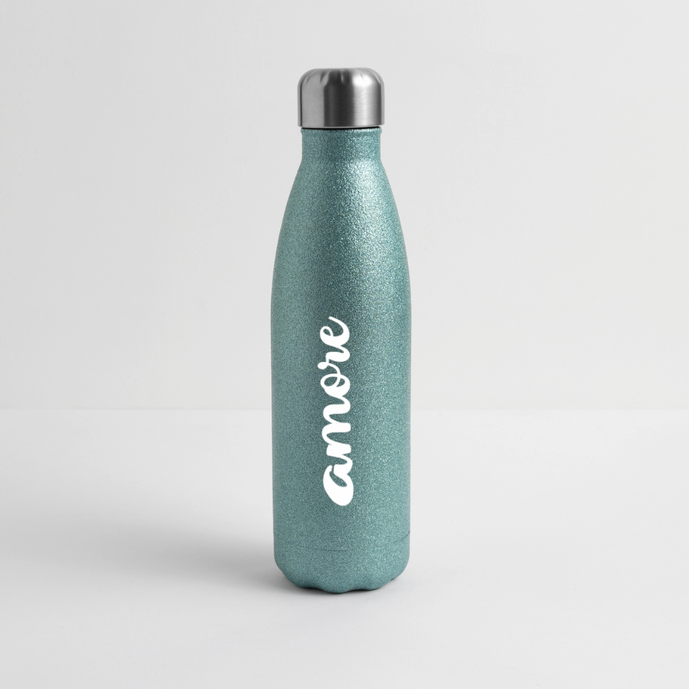 Glitzernde Edelstahl-Thermosflasche in Türkis mit weißem „amore“-Schriftzug und Schraubverschluss – 500 ml, stilvoll & funktional