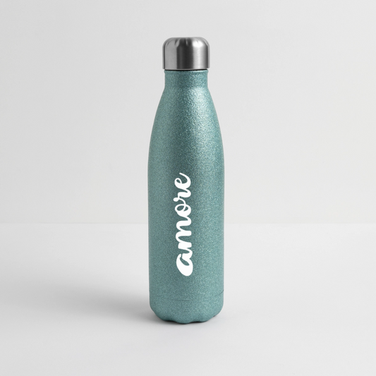 Glitzernde Edelstahl-Thermosflasche in Türkis mit weißem „amore“-Schriftzug und Schraubverschluss – 500 ml, stilvoll & funktional