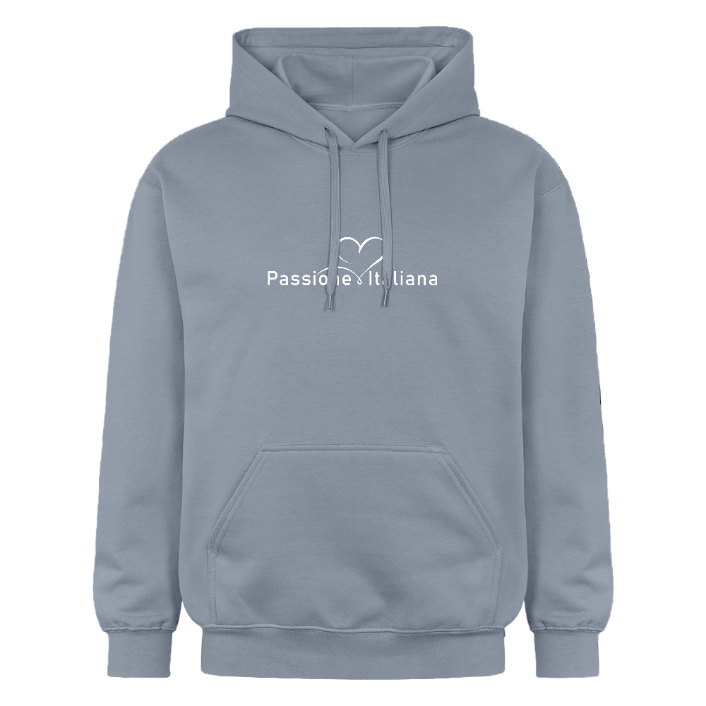 Hoodie für Männer und Frauen mit weißem „Passione Italiana“-Schriftzug – cozy, cool, italienisch - Blau