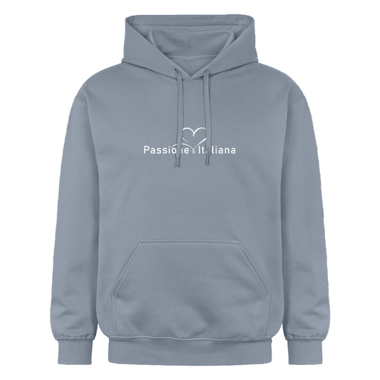 Hoodie für Männer und Frauen mit weißem „Passione Italiana“-Schriftzug – cozy, cool, italienisch - Blau