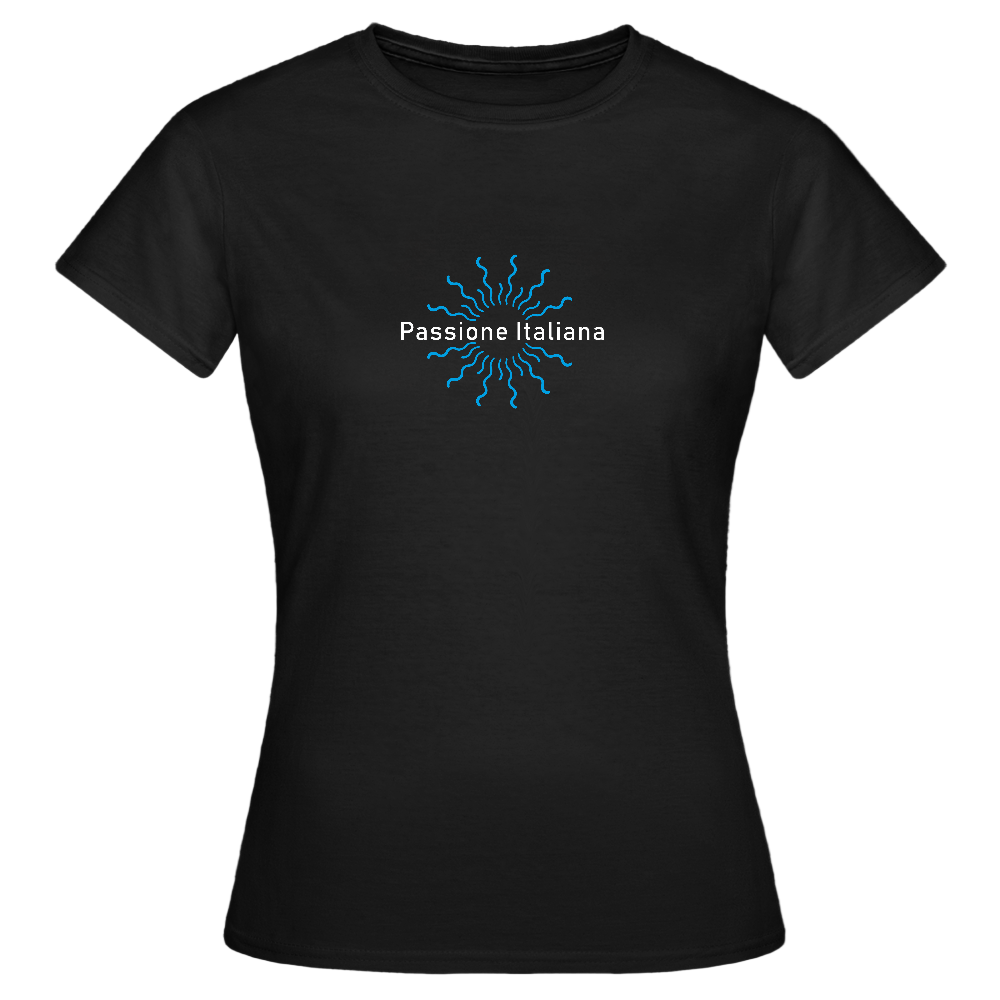 Schwarzes Damen T-Shirt mit Sonnenmotiv und „Passione Italiana“-Schriftzug – feminin, mediterran und stilvoll

