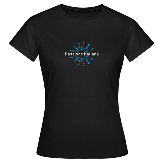 Schwarzes Damen T-Shirt mit Sonnenmotiv und „Passione Italiana“-Schriftzug – feminin, mediterran und stilvoll

