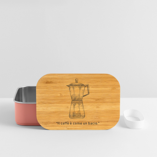 Edelstahl-Dose mit Bambusdeckel, Moka-Skizze und italienischem Spruch „Il caffè è come un bacio“ – kompakt, aromadicht, dekorativ auf Küchenarbeitsplatte- Hellrosa