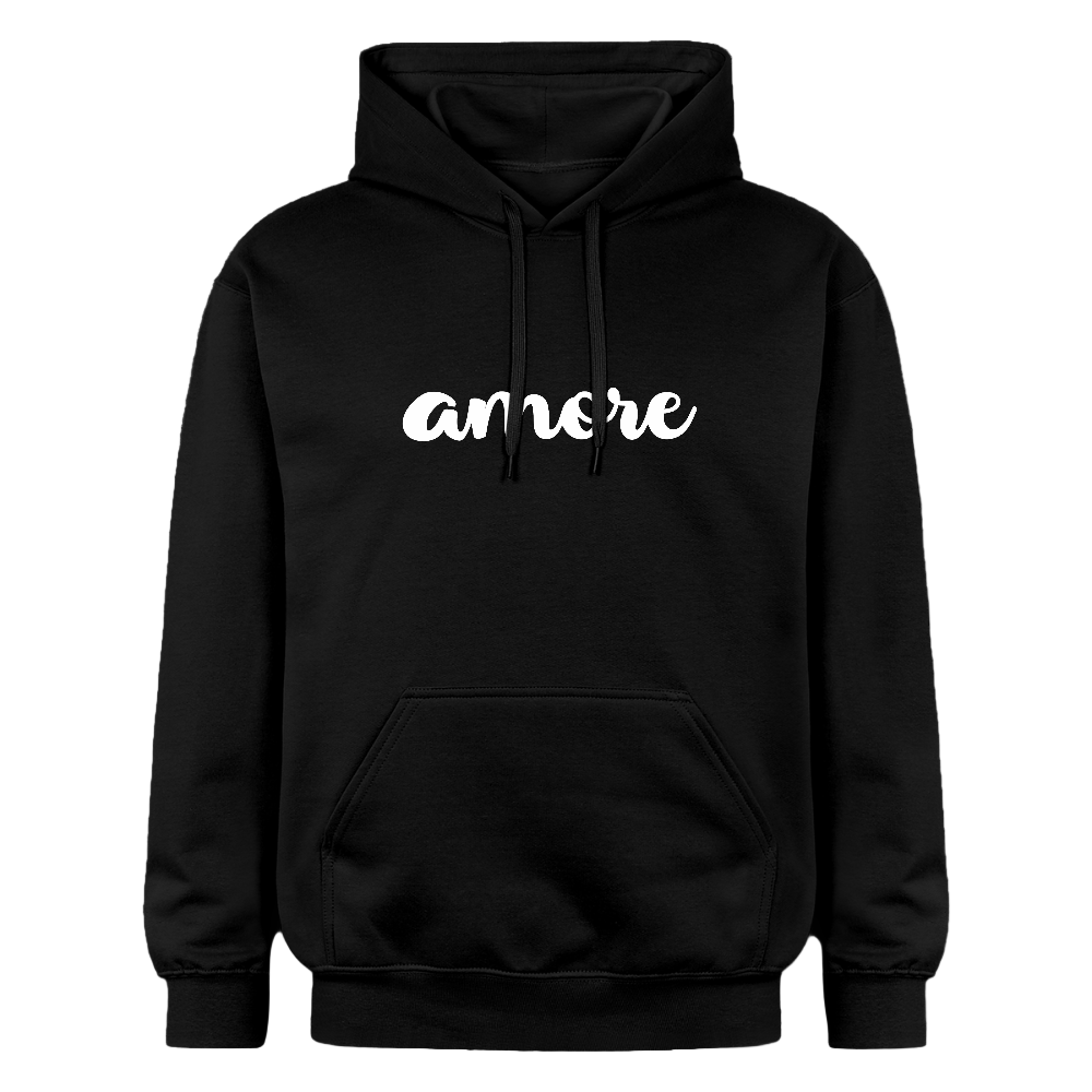 Schwarzer Unisex Hoodie mit weißem „amore“-Schriftzug – weich, warm und stilvoll

