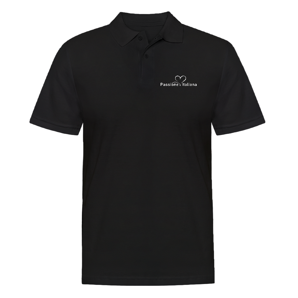 „Schwarzes Polo-Shirt mit weißem Brustprint ‚Passione Italiana‘ und Herzsymbol – Unisex-Schnitt, Vorderansicht“

