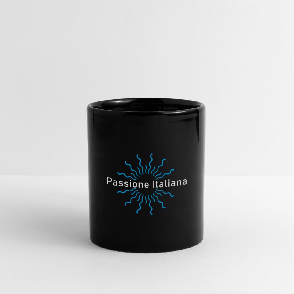 Schwarze Keramiktasse mit Sonnenmotiv aus blauen Wellenlinien und „Passione Italiana“-Schriftzug – stilvoll, kontrastreich, dekorativ