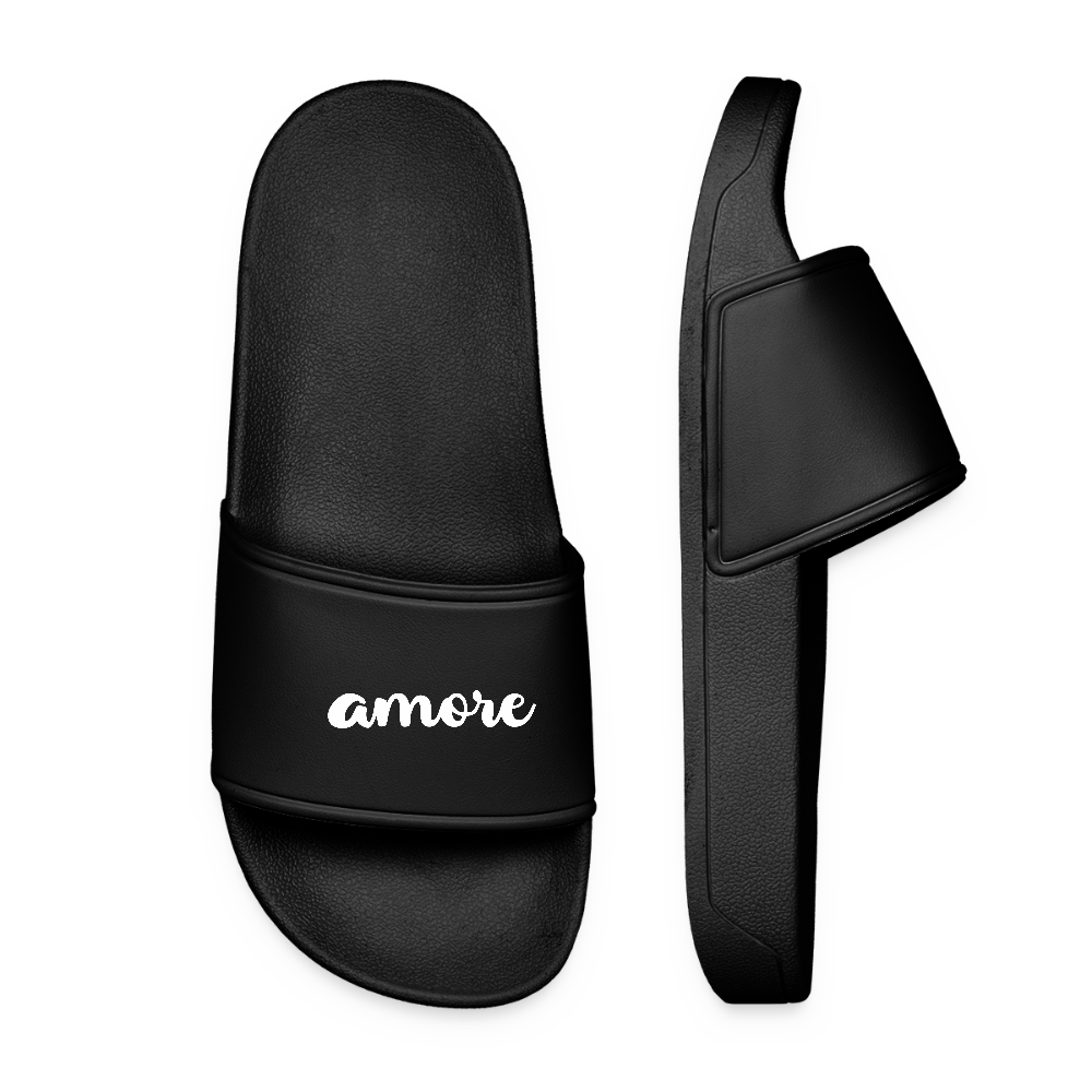 Schwarze Damen-Slides mit weißem „Amore“-Schriftzug in Kursivschrift – bequemes Fußbett, rutschfeste Sohle, femininer Statement-Look