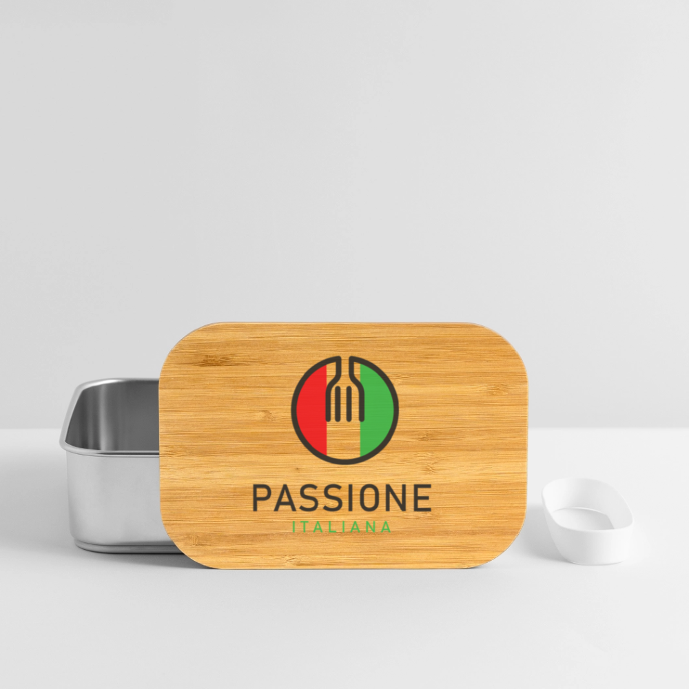 Rechteckige Edelstahl-Dose mit Bambusdeckel, Gabelsymbol im Tricolore-Kreis und „Passione Italiana“-Schriftzug – aromadicht, dekorativ, funktional