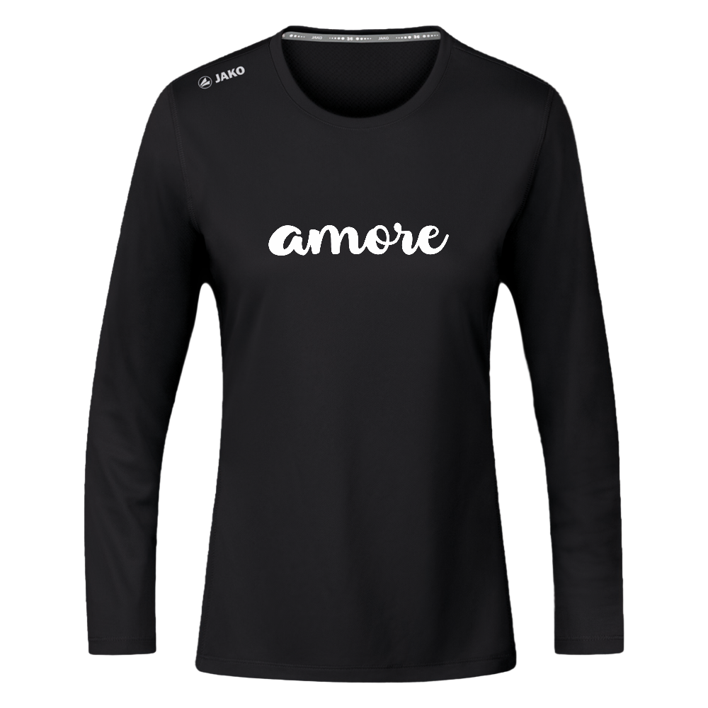 Damen Longsleeve mit weißem „amore“-Schriftzug und atmungsaktivem Micro-Mesh-Rücken – sportliches Design von Passione Italiana

