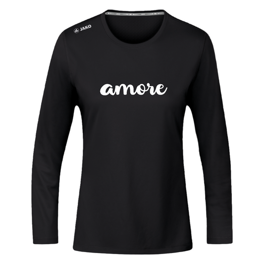 Damen Longsleeve mit weißem „amore“-Schriftzug und atmungsaktivem Micro-Mesh-Rücken – sportliches Design von Passione Italiana

