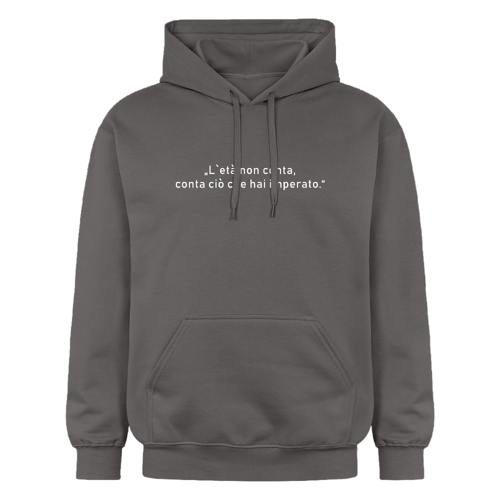 Weicher Midweight Hoodie mit inspirierendem Zitat über Lebenserfahrung und gemütlichem Innenfutter - Dunkelgrau