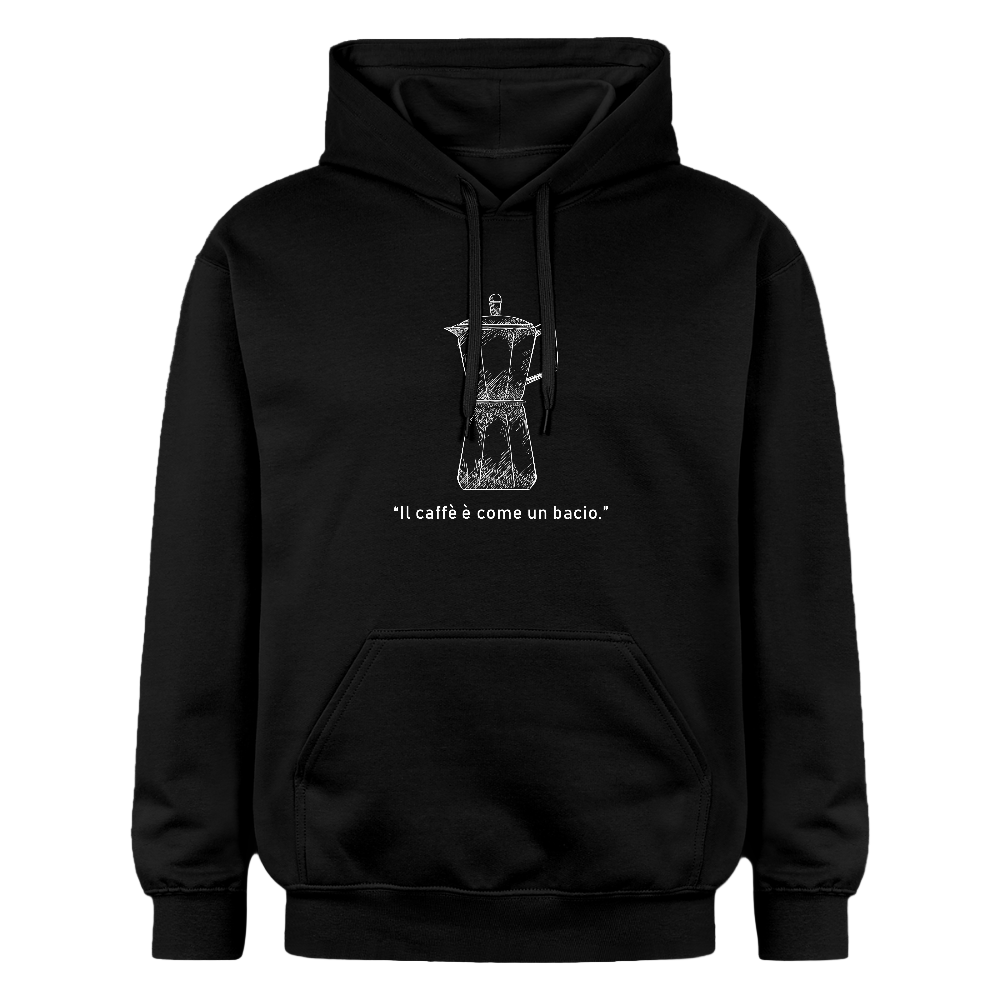 Schwarzer Unisex Hoodie mit weißem Moka-Print und italienischem Spruch „Il caffè è come un bacio“ auf der Brust