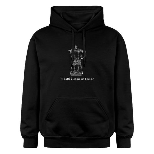 Schwarzer Unisex Hoodie mit weißem Moka-Print und italienischem Spruch „Il caffè è come un bacio“ auf der Brust