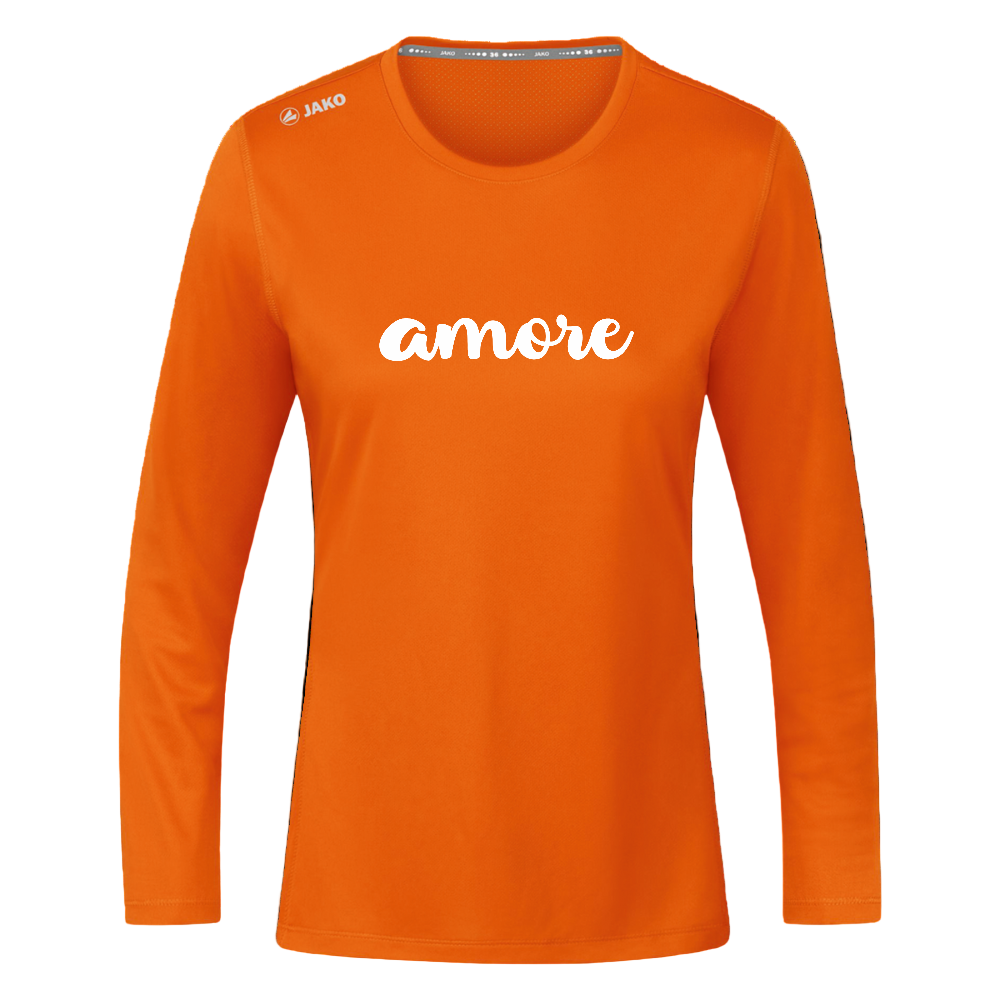 Damen Sport-Longsleeve mit weißem „amore“-Schriftzug – erhältlich in 8 Farben, Größen 34–48 - Neonorange