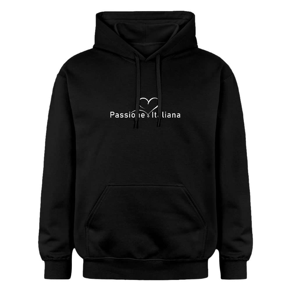 Schwarzer Unisex Hoodie mit weißem „Passione Italiana“-Schriftzug – weich, warm und stilvoll

