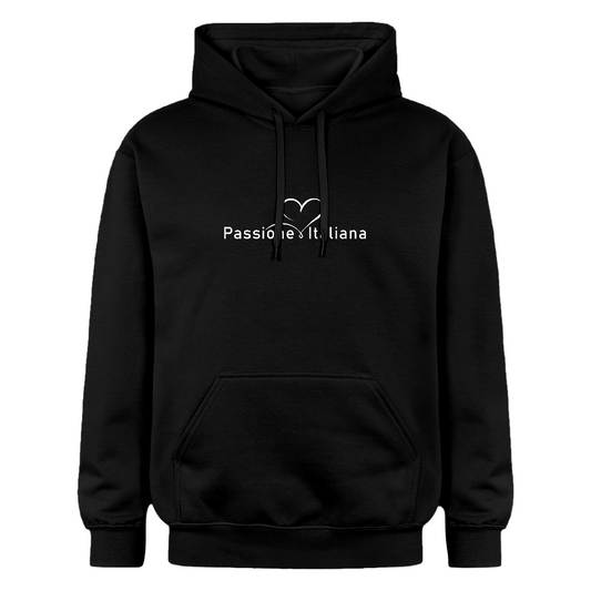 Schwarzer Unisex Hoodie mit weißem „Passione Italiana“-Schriftzug – weich, warm und stilvoll

