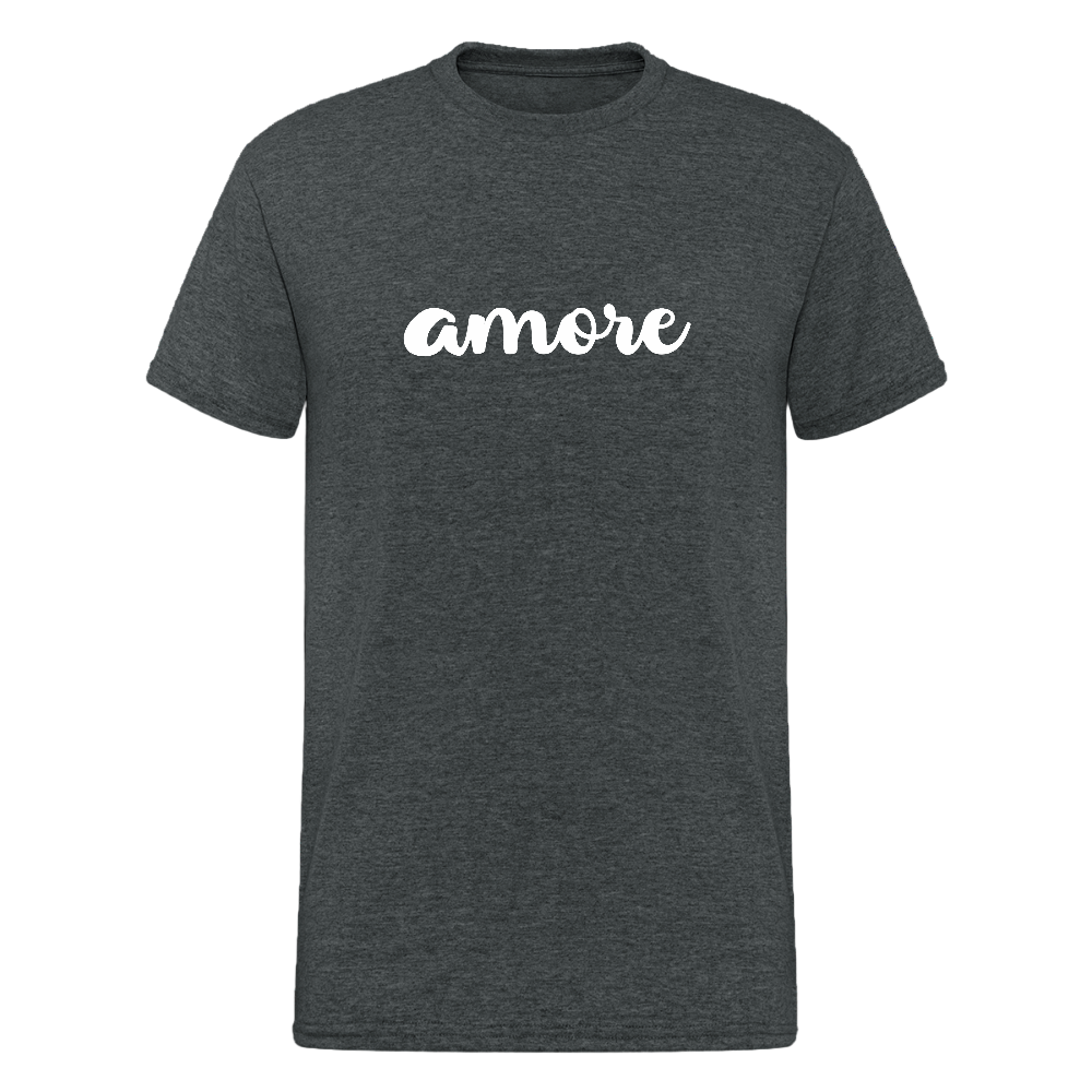 T-Shirt mit weißem „amore“-Schriftzug in eleganter Kursivschrift – minimalistisches Design von Passione ItalianaDunkelgrau meliert
