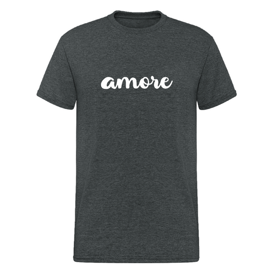 T-Shirt mit weißem „amore“-Schriftzug in eleganter Kursivschrift – minimalistisches Design von Passione ItalianaDunkelgrau meliert