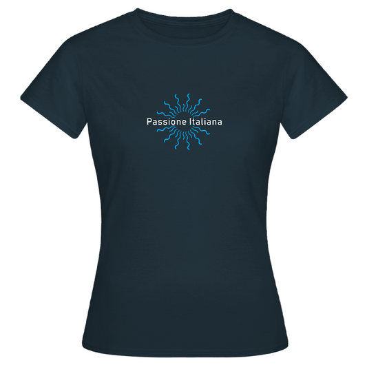 Navyfarbenes Damen T-Shirt mit Sonnenmotiv und „Passione Italiana“-Typografie – für Sommer und Freizeit