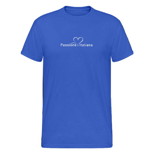 „Unisex-T-Shirt aus Bio-Baumwolle mit Herzsymbol und Schriftzug ‚Passione Italiana‘ – ideal für Fans italienischer Küche und Kultur. Königsblau