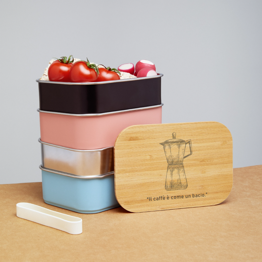Lunch Box - Silber Edelstahl-Dose mit Bambusdeckel, Moka-Skizze und italienischem Spruch „Il caffè è come un bacio“ – kompakt, aromadicht, dekorativ auf Küchenarbeitsplatte