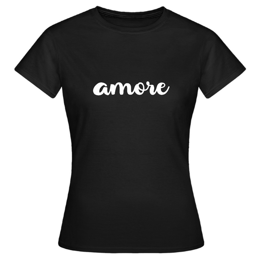 Schwarzes Damen-T-Shirt mit weißem „amore“-Schriftzug in eleganter Kursivschrift – minimalistisches Design von Passione Italiana