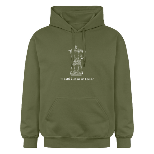 Unisex Hoodie mit weißem Moka-Print und italienischem Spruch „Il caffè è come un bacio“ auf der Brust - Militärgrün
