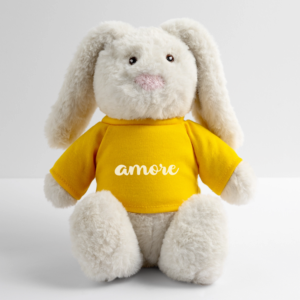 Kuschelhase  „Amore“-Schriftzug, gestickten Augen und Nase – weich, nachhaltig, dekorativ- Sonnengelb