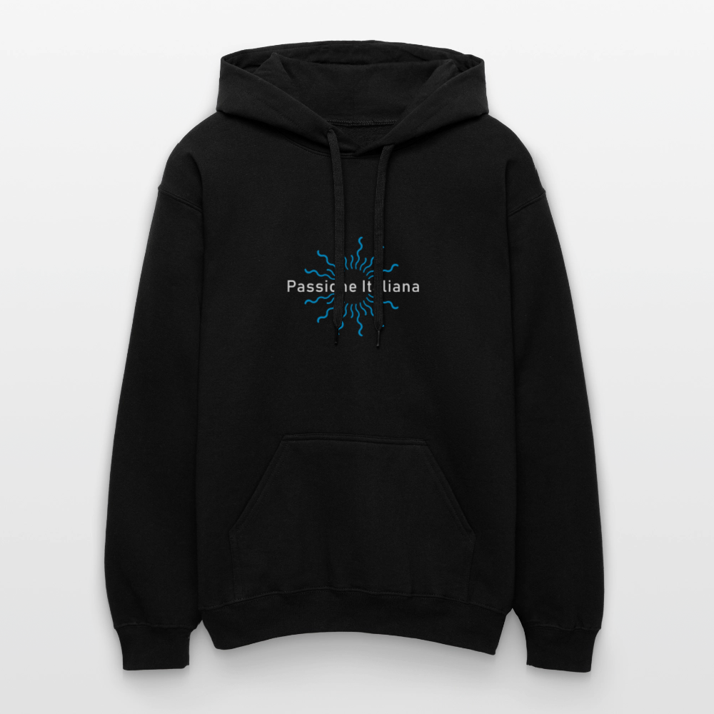 Schwarzer Hoodie mit Sonnenmotiv und „Passione Italiana“-Schriftzug – weich, warm und stilvoll

