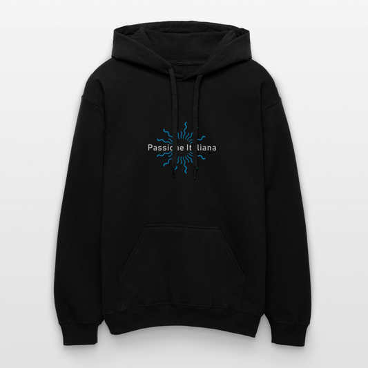 Schwarzer Hoodie mit Sonnenmotiv und „Passione Italiana“-Schriftzug – weich, warm und stilvoll

