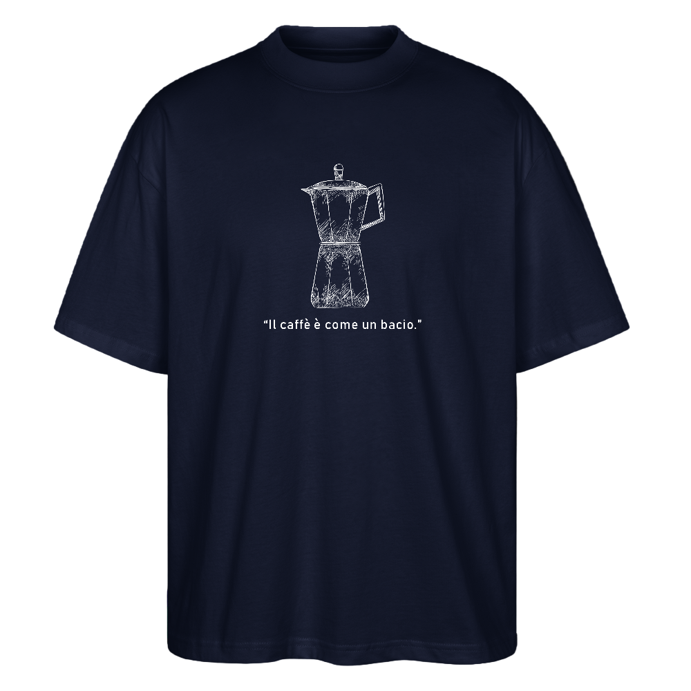 Unisex Oversized Shirt mit Moka-Illustration und poetischem Statement über Kaffee und Liebe - Navy
