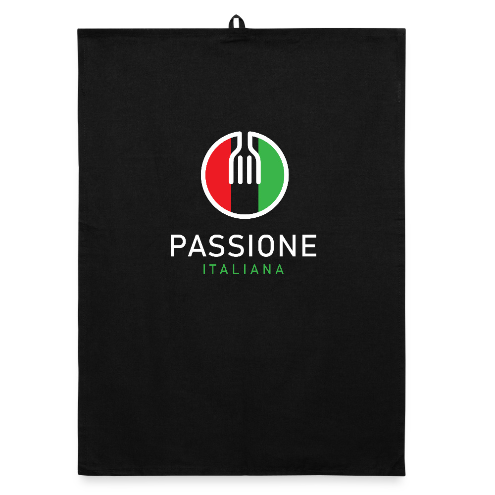 Schwarzes Küchenhandtuch mit weißem Gabelsymbol und italienischer Tricolore im Kreis – darunter „Passione Italiana“ in Weiß und Grün