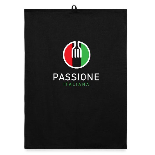 Schwarzes Küchenhandtuch mit weißem Gabelsymbol und italienischer Tricolore im Kreis – darunter „Passione Italiana“ in Weiß und Grün