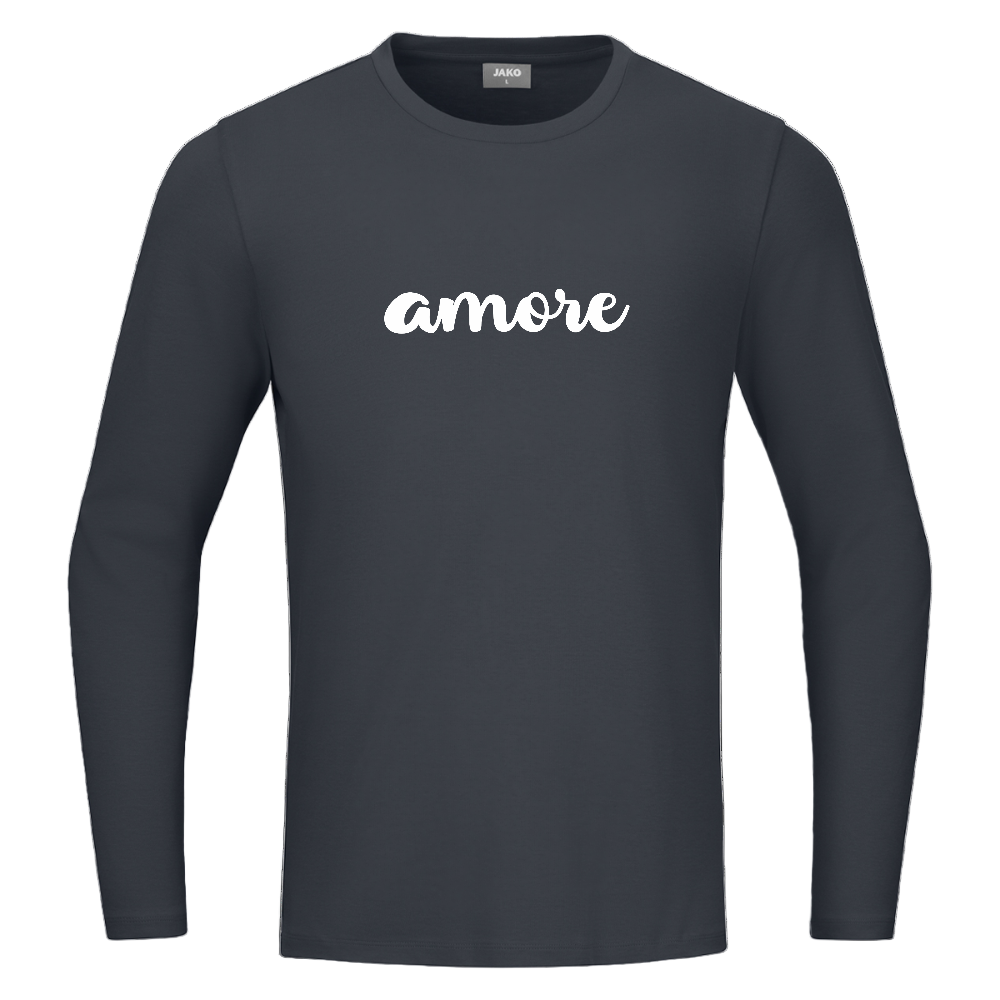 Nachhaltiges Langarmshirt mit weißem „amore“-Print – verstärkte Schulternähte und JAKO Labeldetails

 - Anthrazit