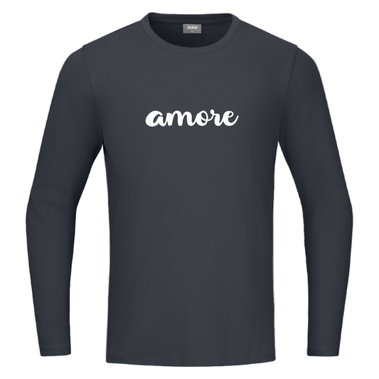 Nachhaltiges Langarmshirt mit weißem „amore“-Print – verstärkte Schulternähte und JAKO Labeldetails

 - Anthrazit