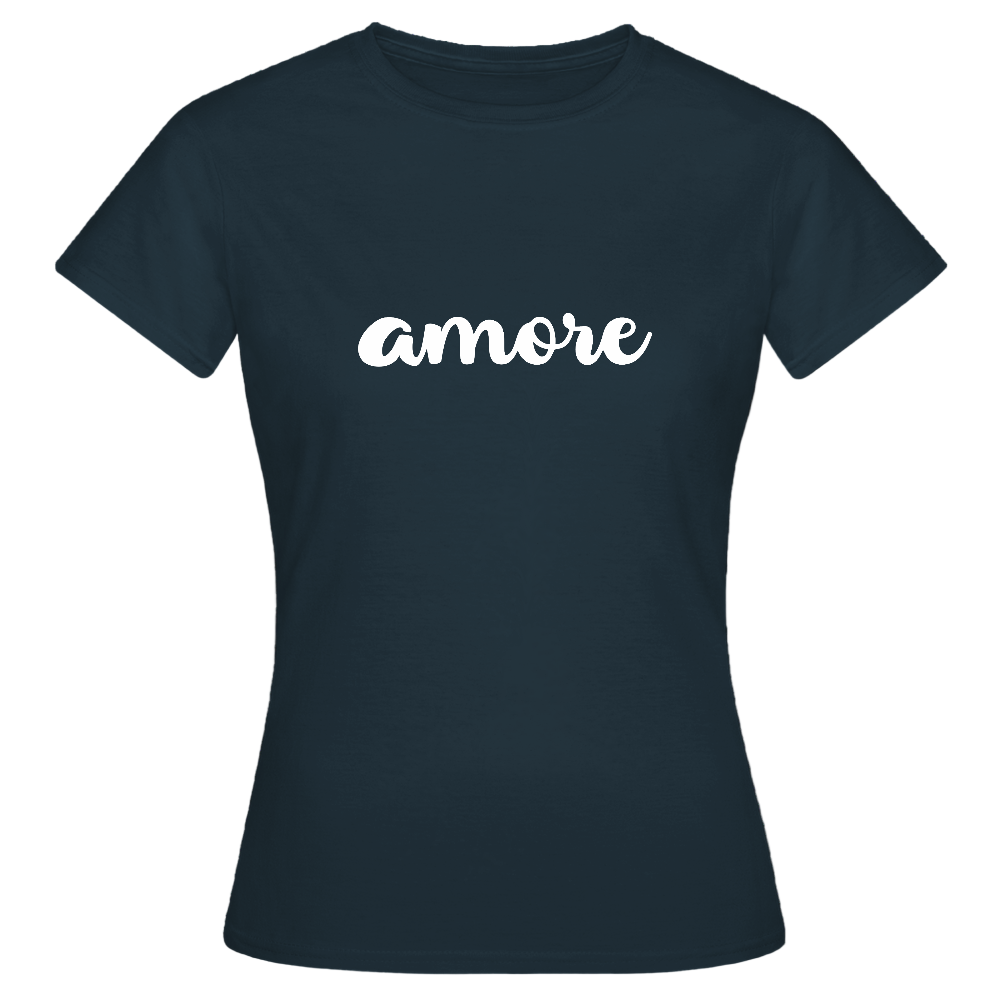 Liebe zum Anziehen: Schwarzes Damen-T-Shirt mit weißem „amore“-Print – Teil der Passione Italiana Kollektion - Navy