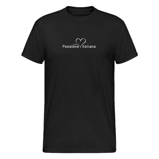 „Schwarzes Unisex-T-Shirt mit weißem Schriftzug ‚Passione Italiana‘ und Herzsymbol mit Gabel & Löffel – italienisches Design für Food-Lovers“