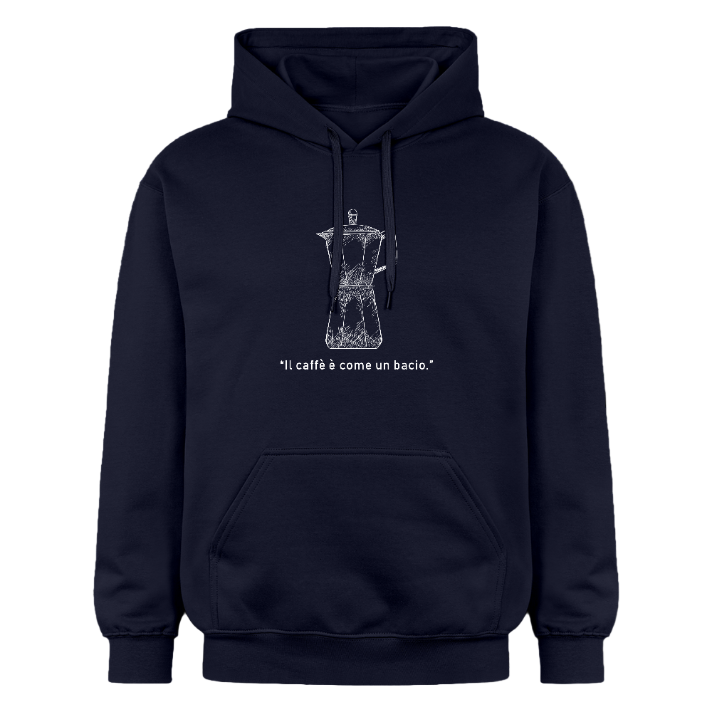 Unisex Hoodie mit weißem Moka-Print und italienischem Spruch „Il caffè è come un bacio“ auf der Brust - Navy